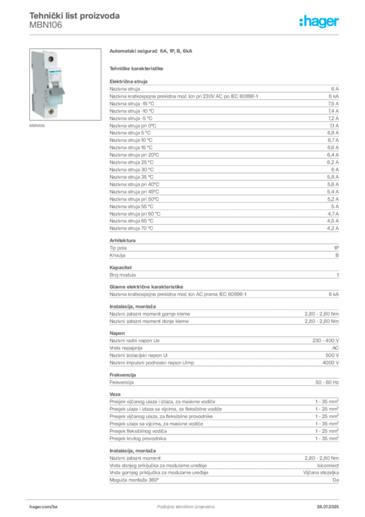 Slika Hager Product data sheet MBN106  | Hager