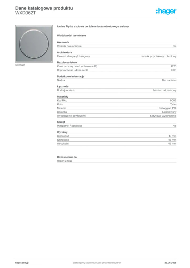 Zdjęcie Hager Dane katalogowe produktu WXD062T | Hager Polska