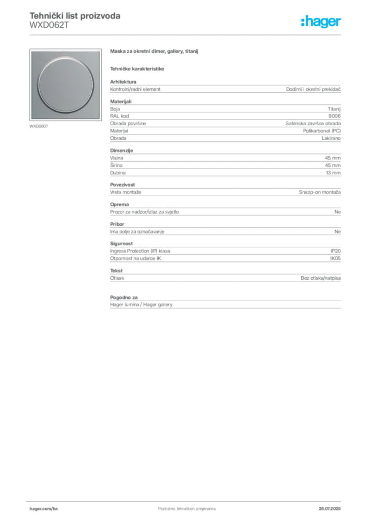Slika Hager Product data sheet WXD062T  | Hager