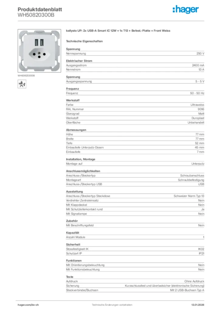 Bild Hager Produktdatenblatt WH50820300B | Hager Schweiz