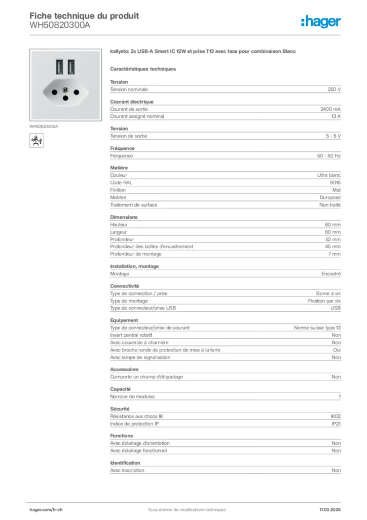 Image Hager Fiche technique du produit WH50820300A | Hager Suisse
