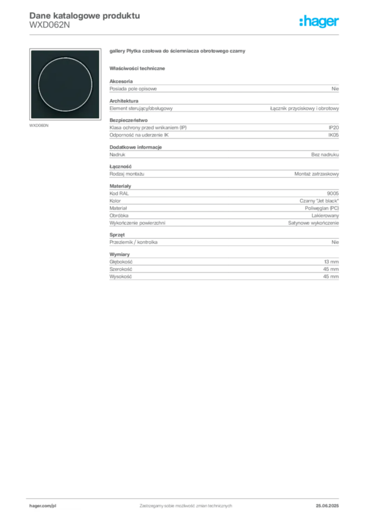 Zdjęcie Hager Dane katalogowe produktu WXD062N | Hager Polska