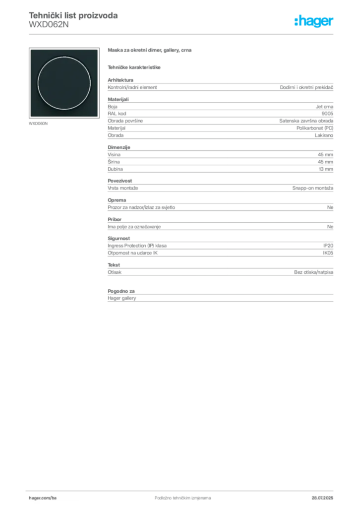 Slika Hager Product data sheet WXD062N  | Hager