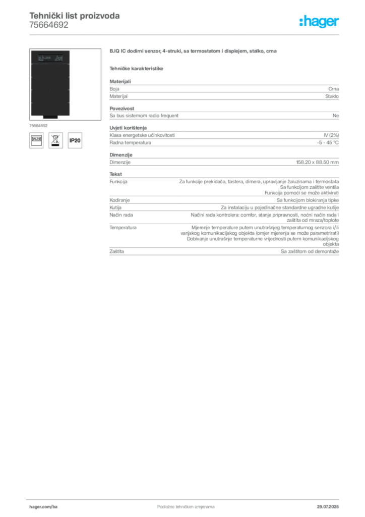 Slika Hager Product data sheet 75664692  | Hager