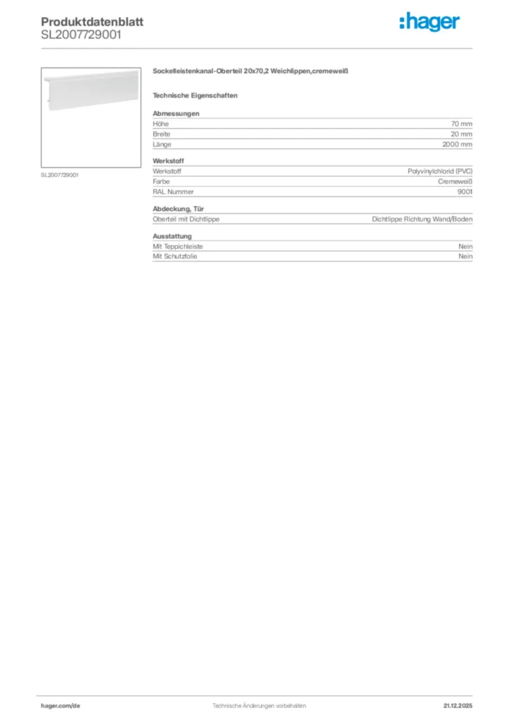 Bild Hager Produktdatenblatt SL2007729001 | Hager Deutschland