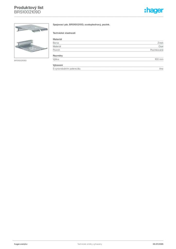 Obrázek Hager Produktový list BRS1002109D | Hager