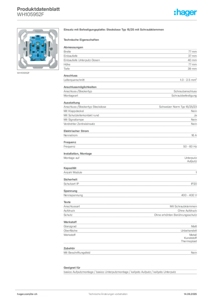 Bild Hager Produktdatenblatt WH105952F | Hager Schweiz