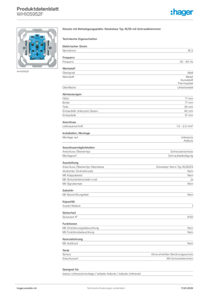 Bild Hager Produktdatenblatt WH105952F | Hager Schweiz