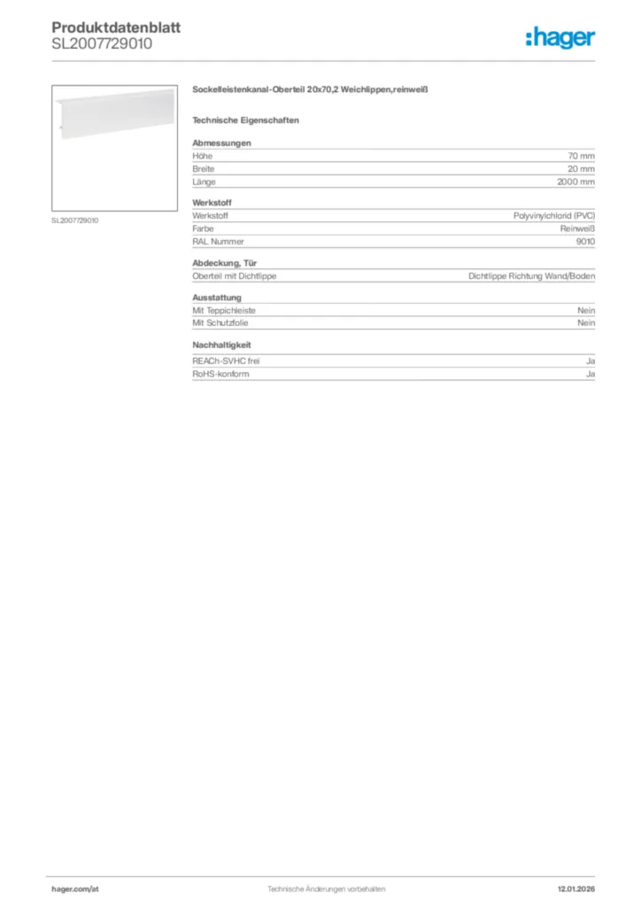 Bild Hager Produktdatenblatt SL2007729010 | Hager Deutschland
