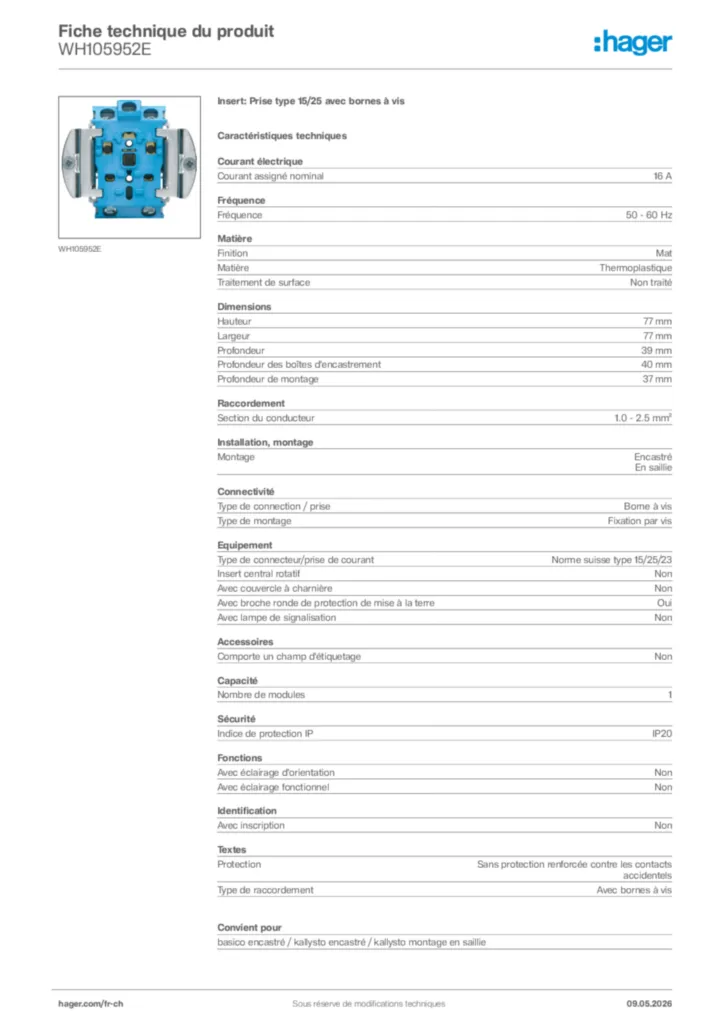 Image Hager Fiche technique du produit WH105952E | Hager Suisse