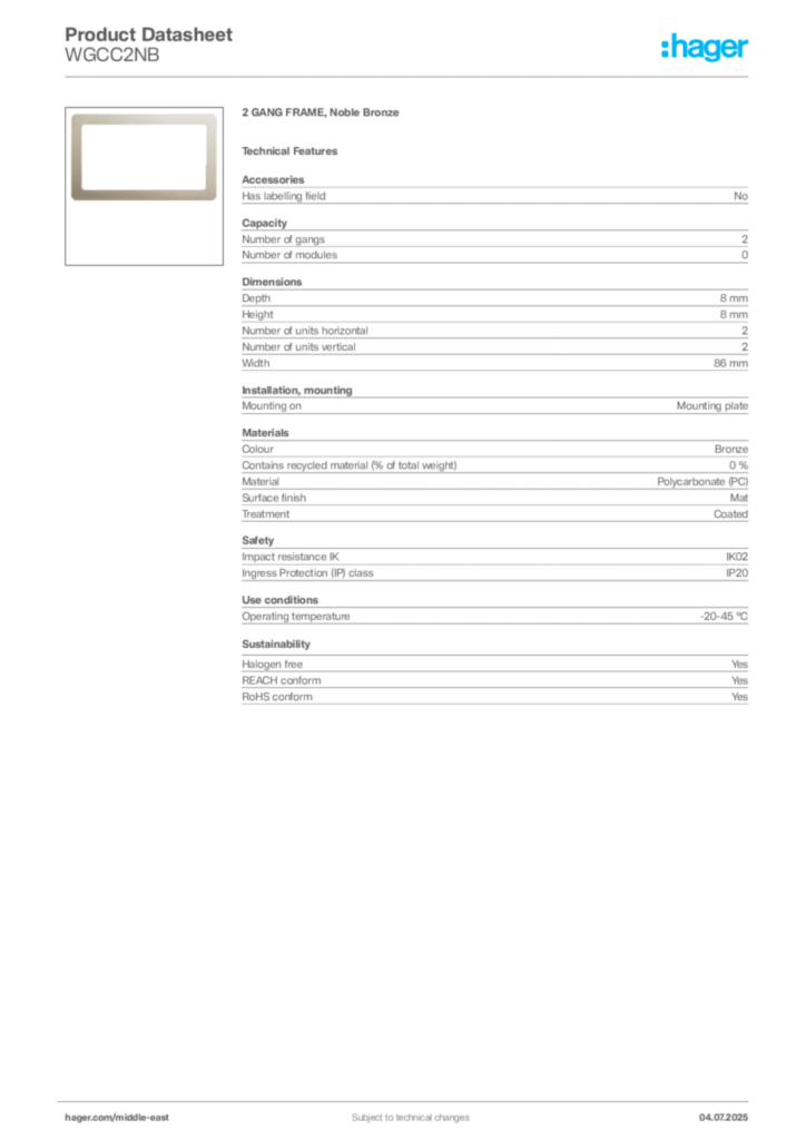 Image Hager Product data sheet WGCC2NB  | Hager