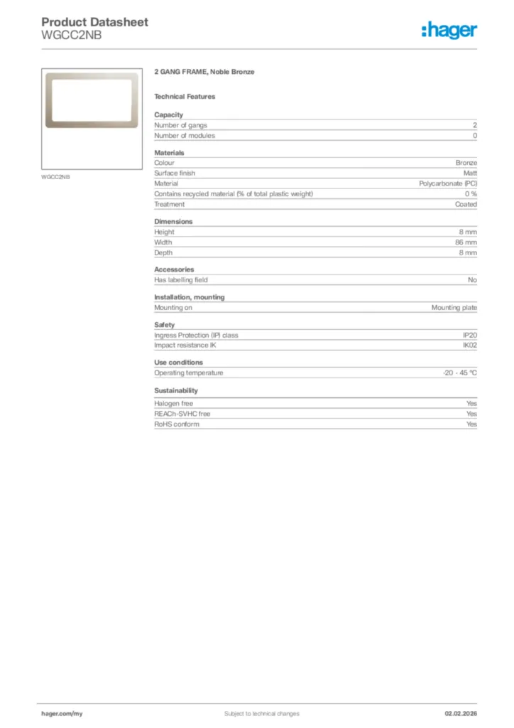 Image Hager Product data sheet WGCC2NB  | Hager