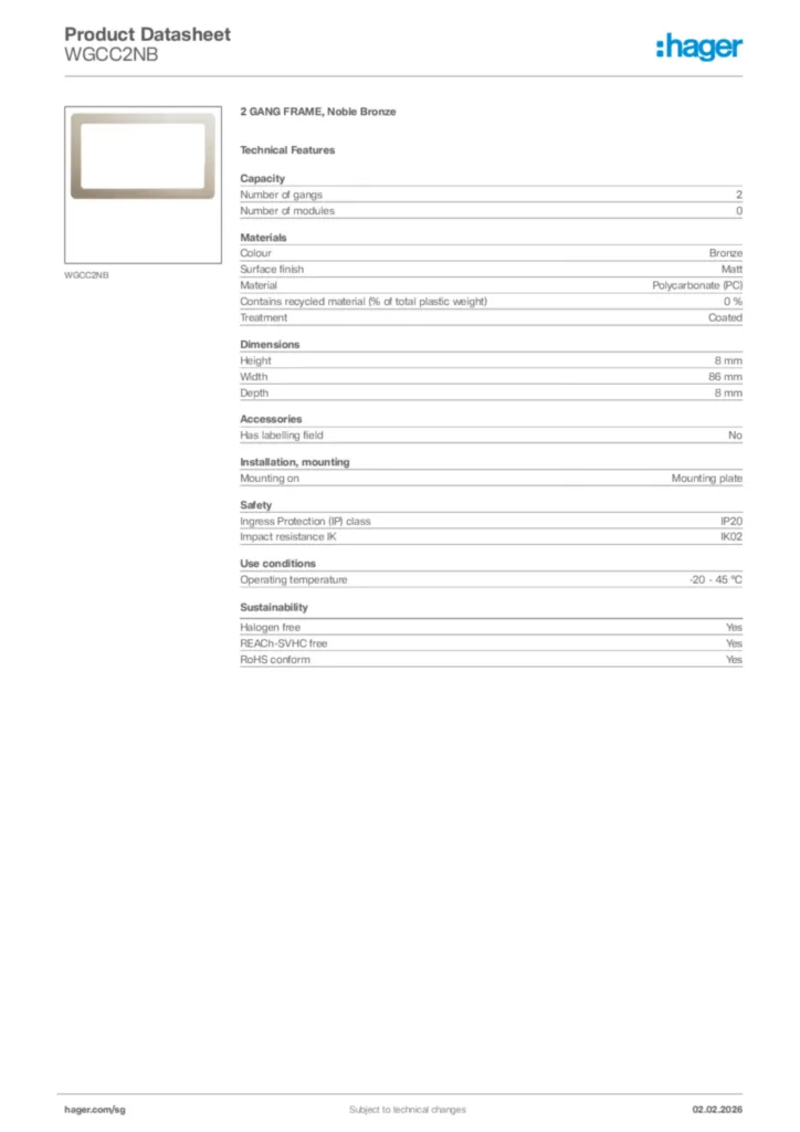 Image Hager Product data sheet WGCC2NB  | Hager