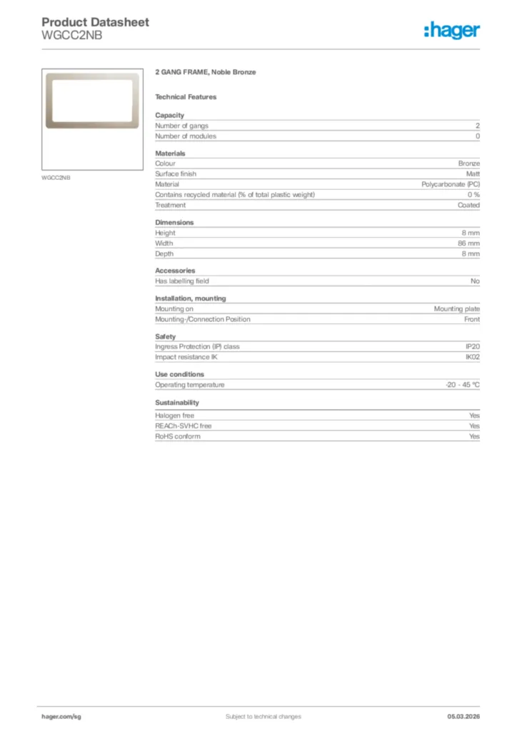 Image Hager Product data sheet WGCC2NB  | Hager