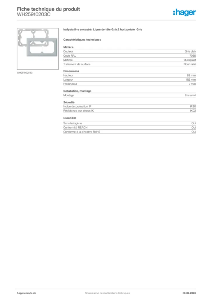Image Hager Fiche technique du produit WH25910203C | Hager Suisse
