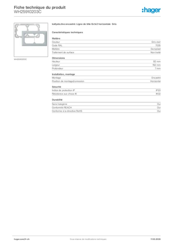 Image Hager Fiche technique du produit WH25910203C | Hager Suisse