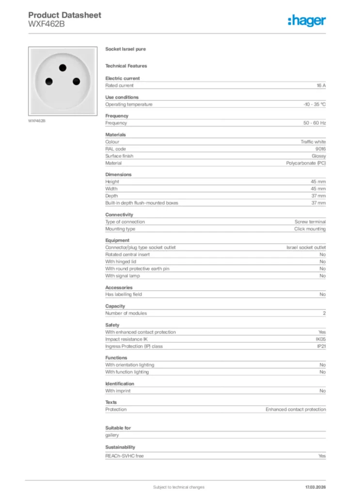 Image Hager Product data sheet WXF462B  | Hager Africa