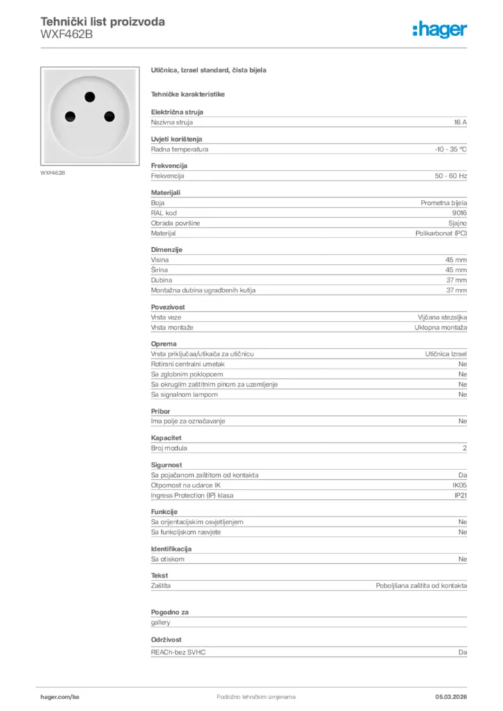 Slika Hager Tehnički list proizvoda WXF462B  | Hager