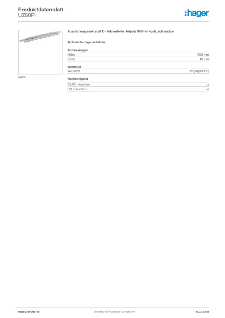 Bild Hager Produktdatenblatt UZ60F1 | Hager Schweiz
