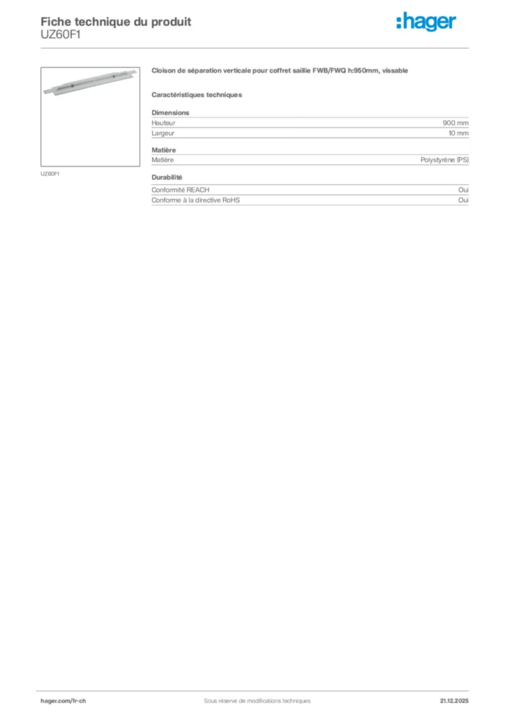 Image Hager Fiche technique du produit UZ60F1 | Hager Suisse