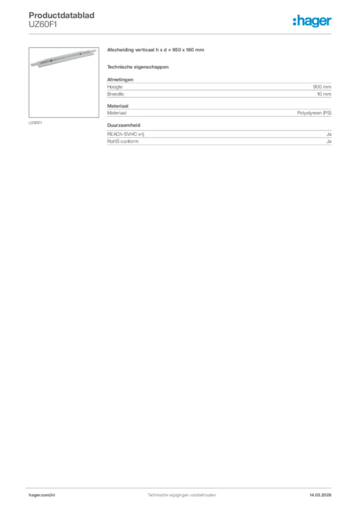 Afbeelding Hager Productdatablad UZ60F1 | Hager Nederland