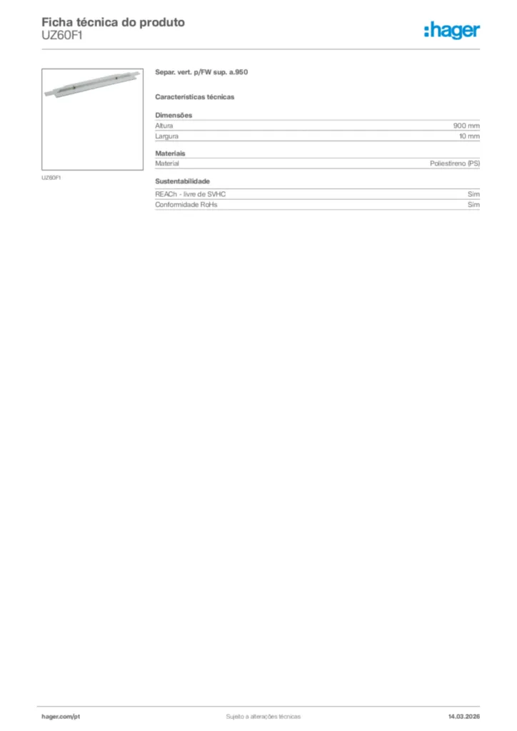 Imagem Hager Ficha técnica do produto UZ60F1 | Hager Portugal