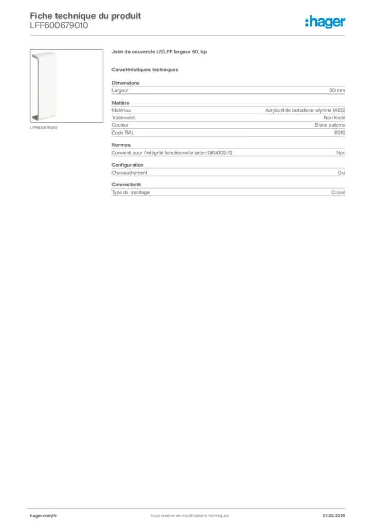 Image Hager Fiche technique du produit LFF600679010 | Hager France