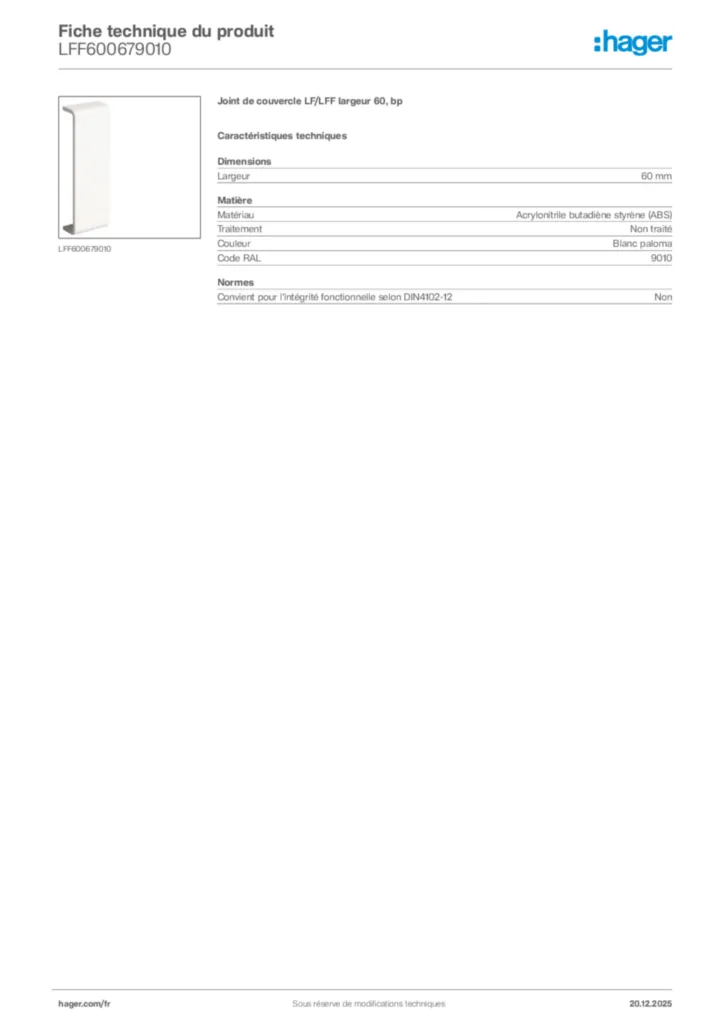 Image Hager Fiche technique du produit LFF600679010 | Hager France