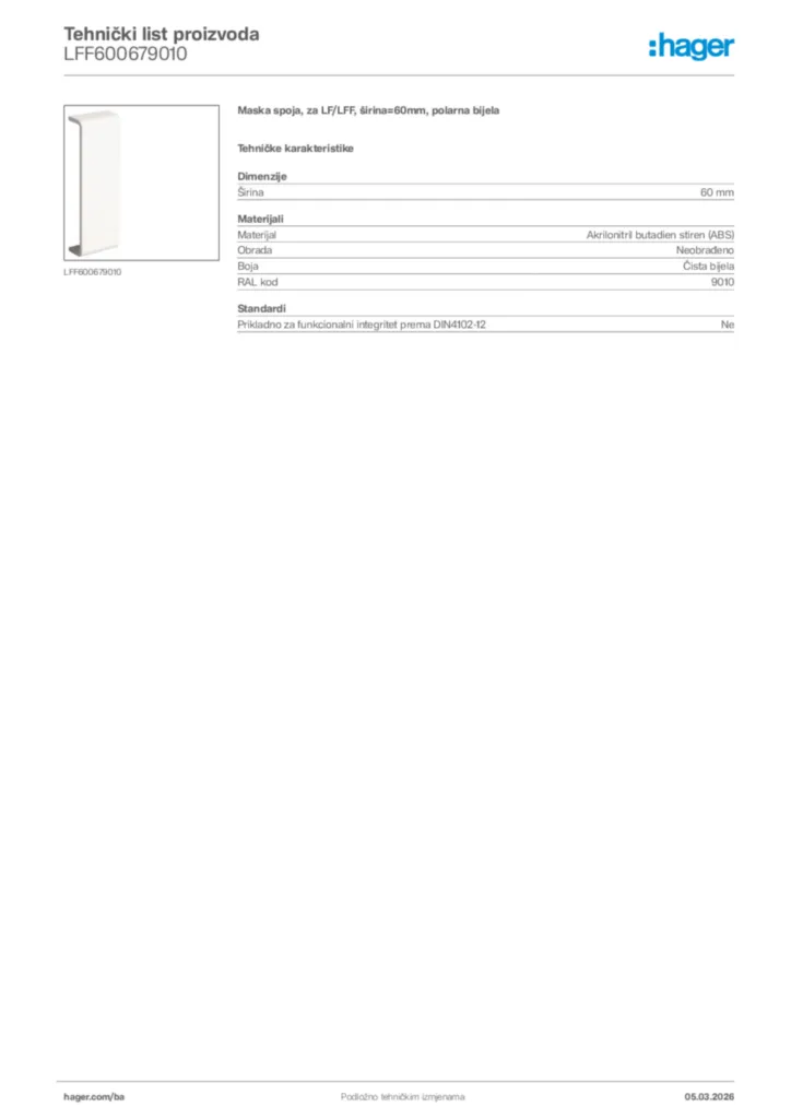 Slika Hager Tehnički list proizvoda LFF600679010  | Hager