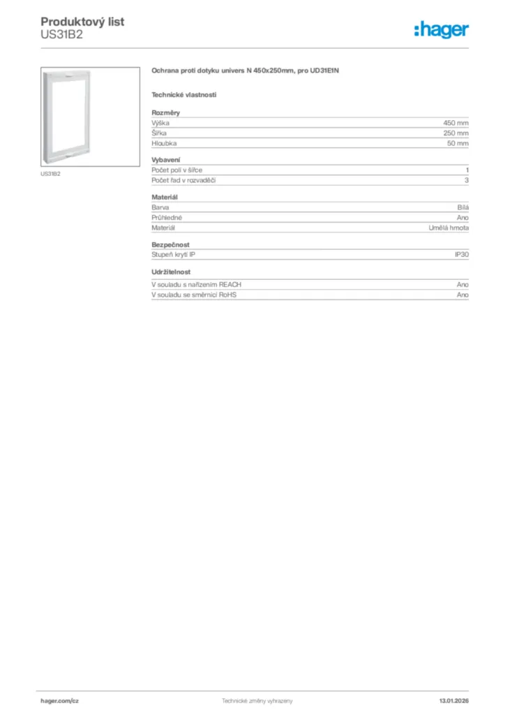 Obrázek Hager Product data sheet US31B2 | Hager