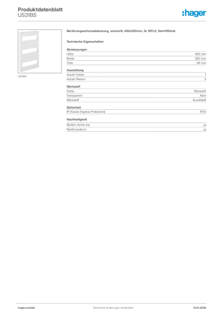 Bild Hager Produktdatenblatt US31B5 | Hager Deutschland