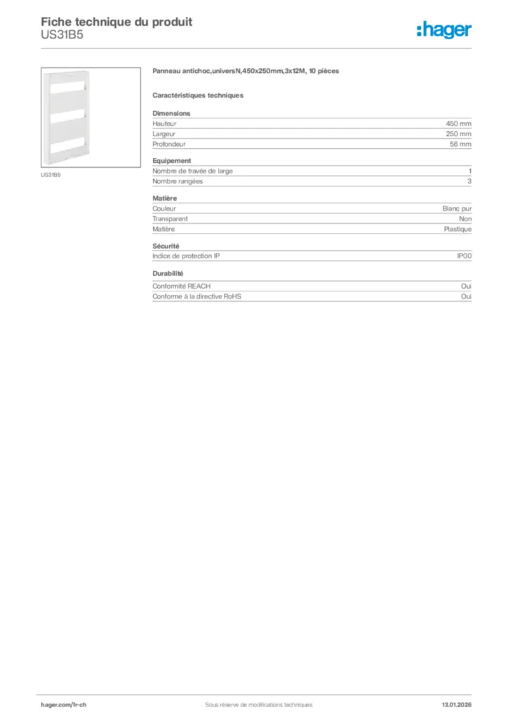 Image Hager Fiche technique du produit US31B5 | Hager Suisse