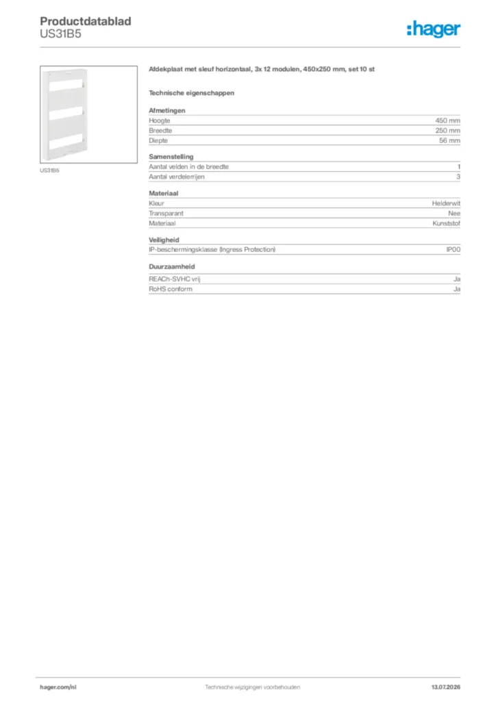 Afbeelding Hager Productdatablad US31B5 | Hager Nederland