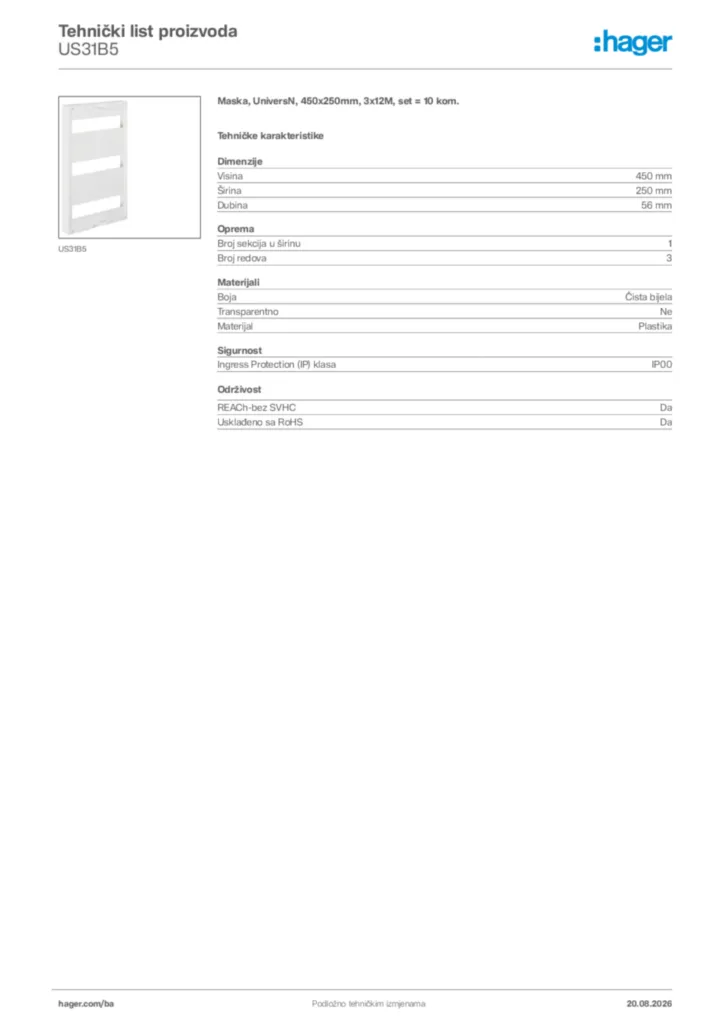 Slika Hager Tehnički list proizvoda US31B5  | Hager