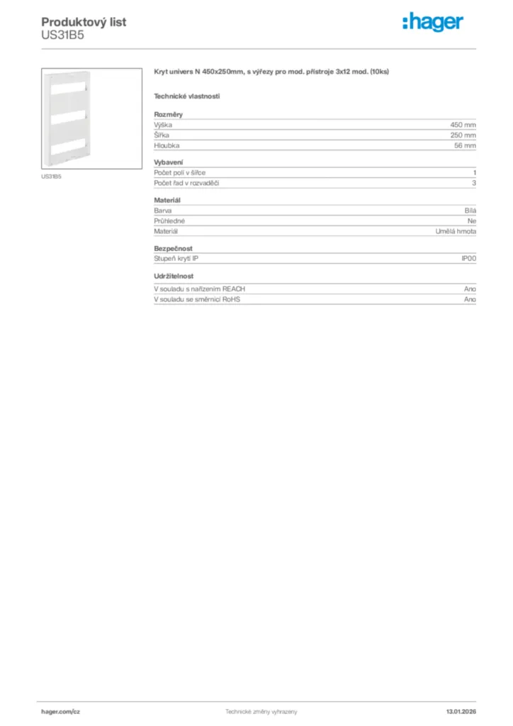 Obrázek Hager Product data sheet US31B5 | Hager
