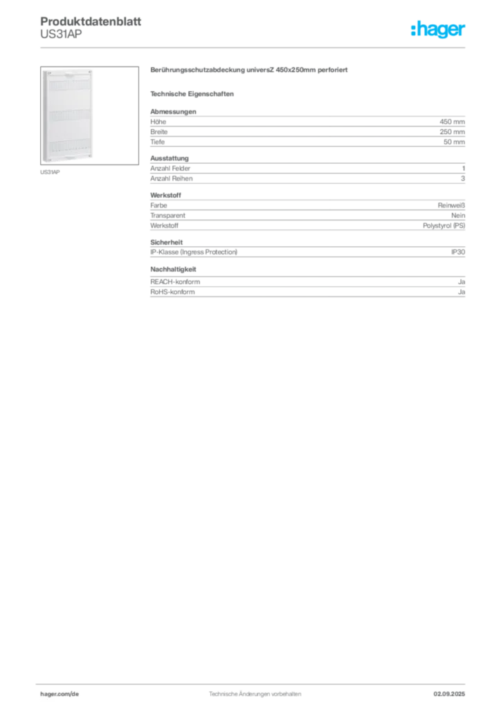 Hager Produktdatenblatt US31AP