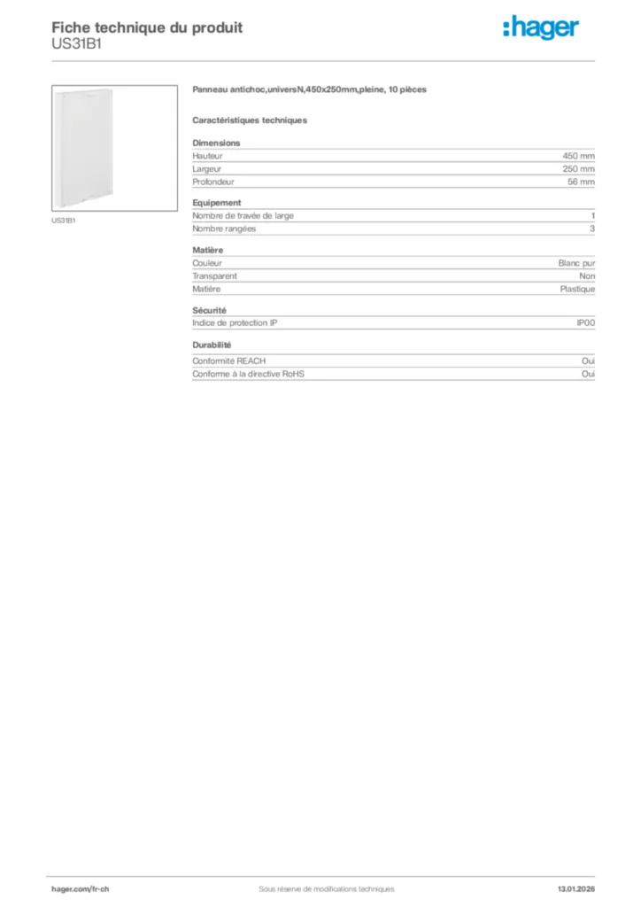 Image Hager Fiche technique du produit US31B1 | Hager Suisse