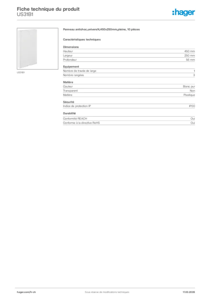 Image Hager Fiche technique du produit US31B1 | Hager Suisse