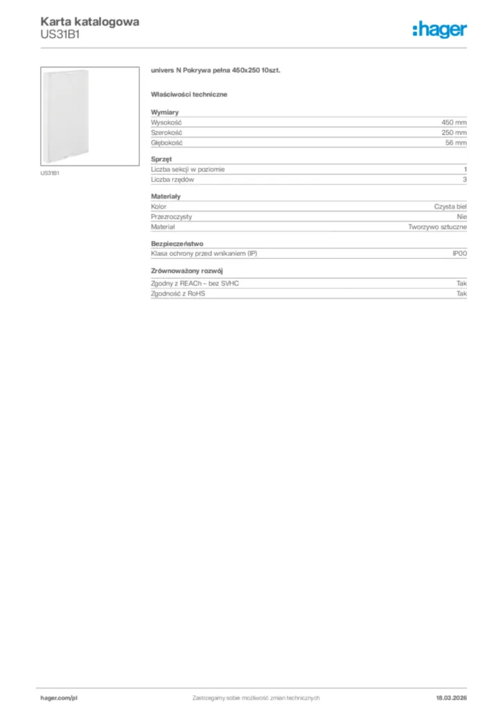 Zdjęcie Hager Karta katalogowa US31B1 | Hager Polska