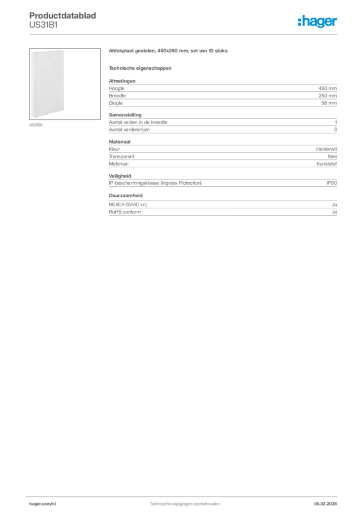 Afbeelding Hager Productdatablad US31B1 | Hager Nederland