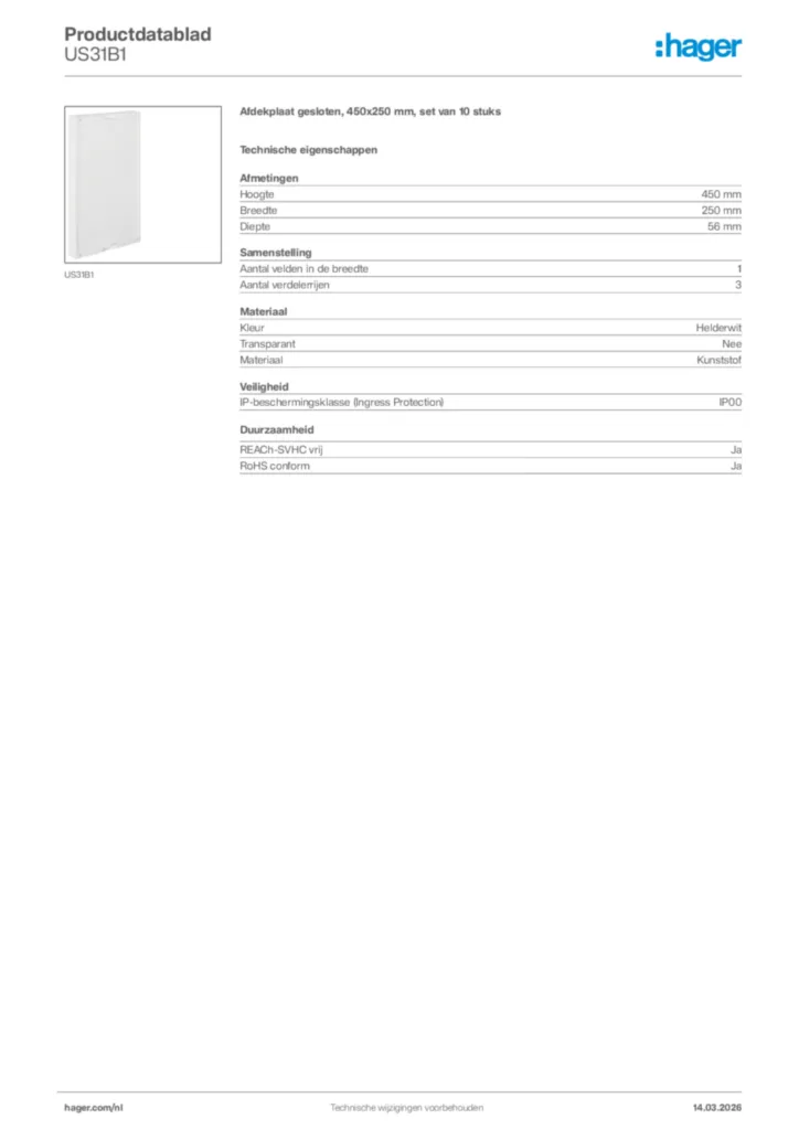 Afbeelding Hager Productdatablad US31B1 | Hager Nederland