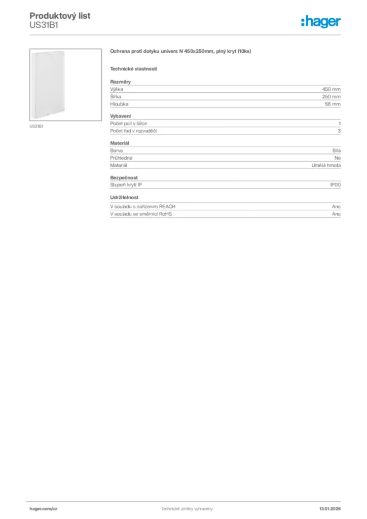 Obrázek Hager Product data sheet US31B1 | Hager