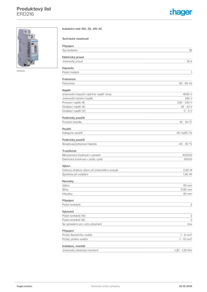 Obrázek Hager Product data sheet ERD216 | Hager