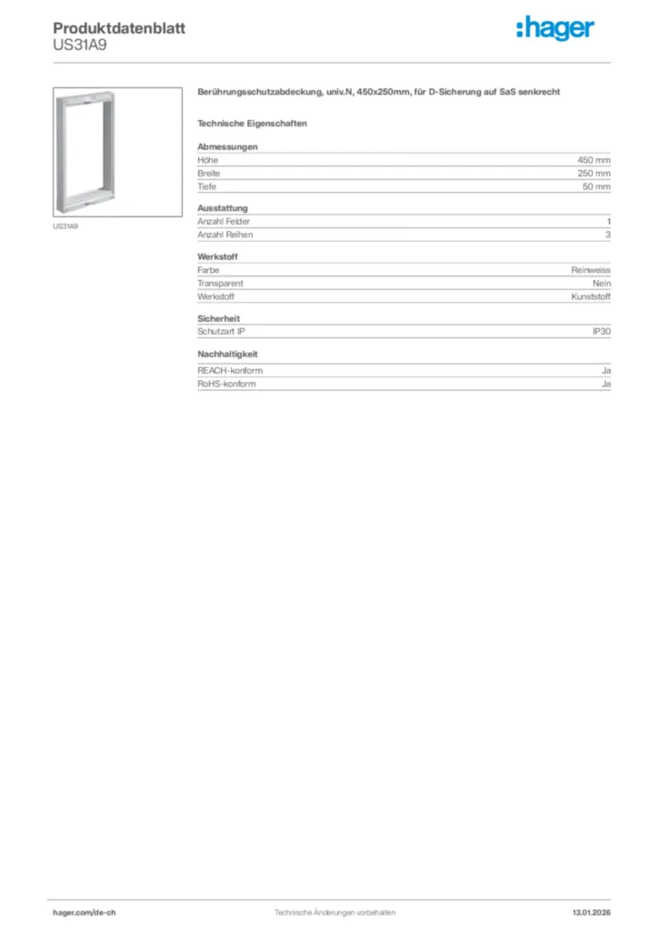 Bild Hager Produktdatenblatt US31A9 | Hager Schweiz