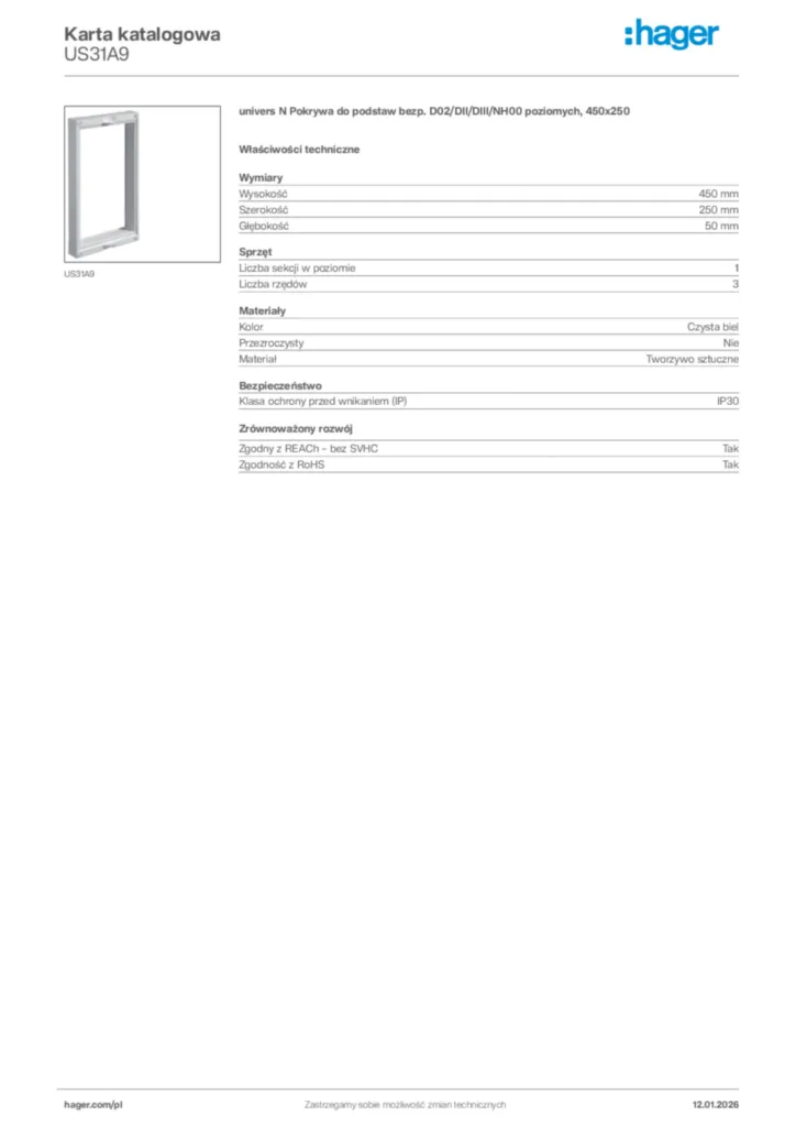 Zdjęcie Hager Karta katalogowa US31A9 | Hager Polska