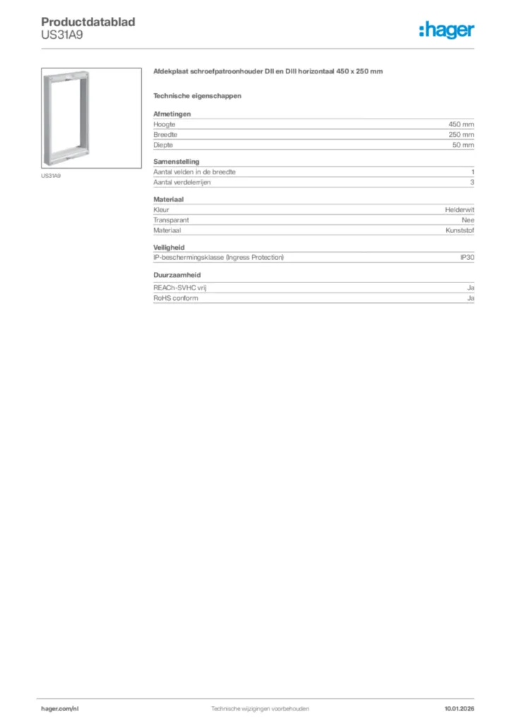 Afbeelding Hager Productdatablad US31A9 | Hager Nederland