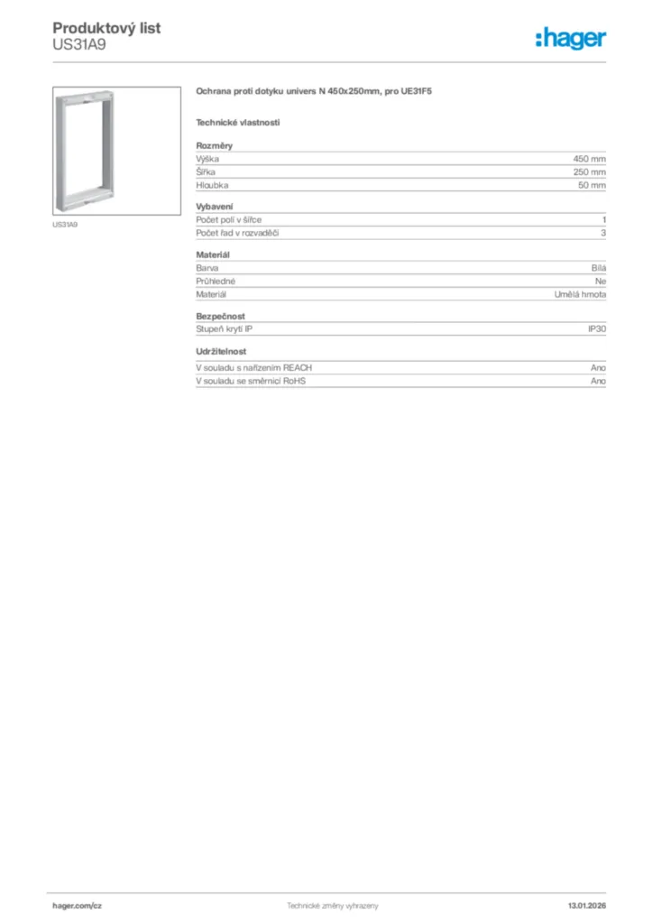 Obrázek Hager Product data sheet US31A9 | Hager