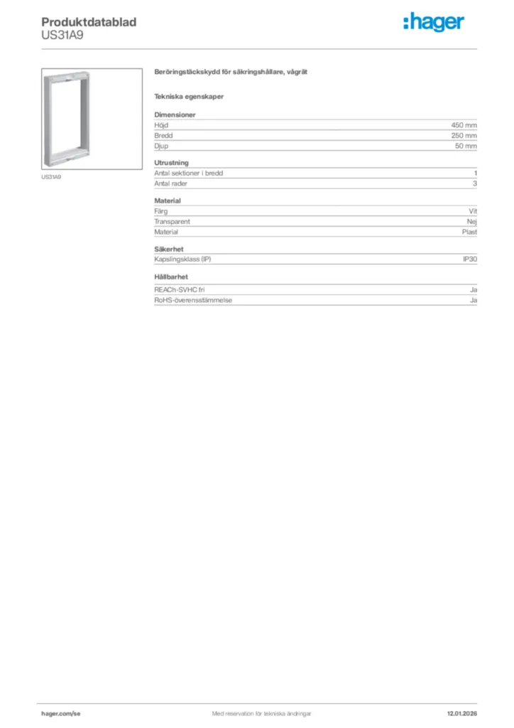 Bild Hager Produktdatablad US31A9 | Hager Sverige
