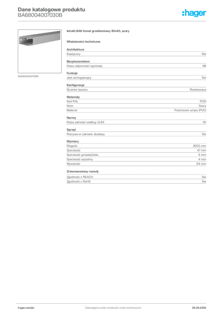Zdjęcie Hager Dane katalogowe produktu BA68004007030B | Hager Polska