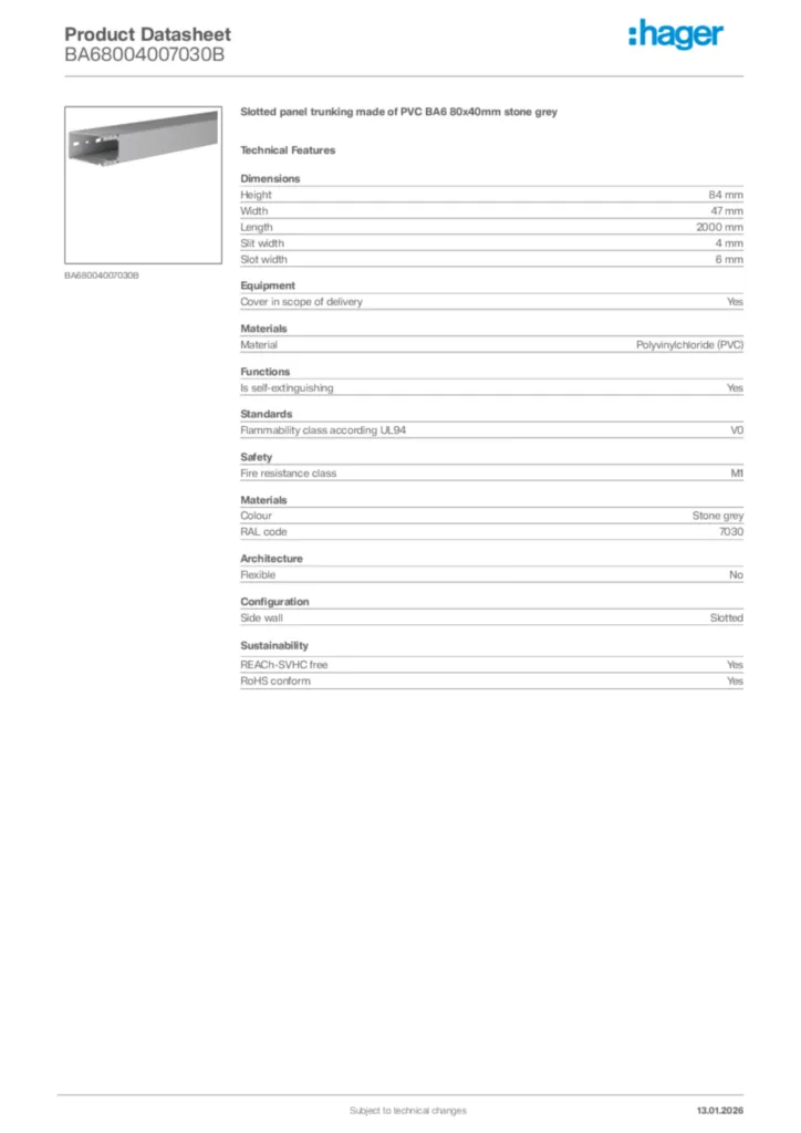 Image Hager Product data sheet BA68004007030B  | Hager